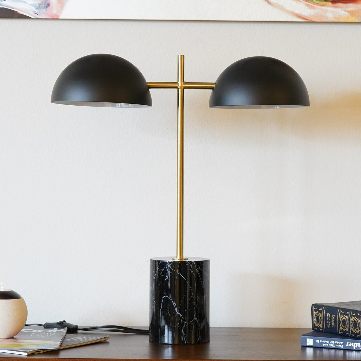 Hydro Table Lamp with Double Lamp and Marble Base - Black / Gold / Marble