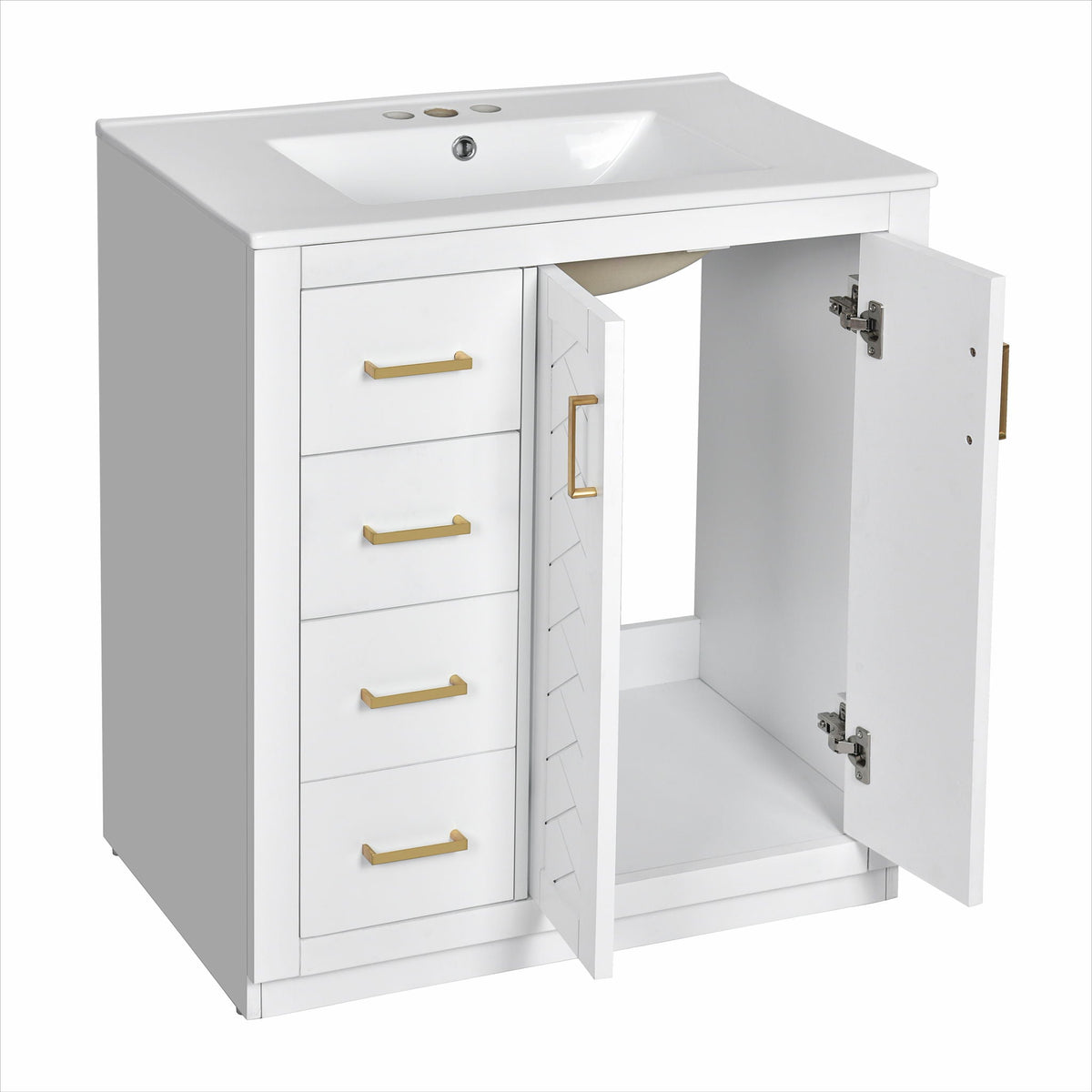 Ceramic Sink Vanity Combo with 3 Drawers and Soft Closing Doors - 30"