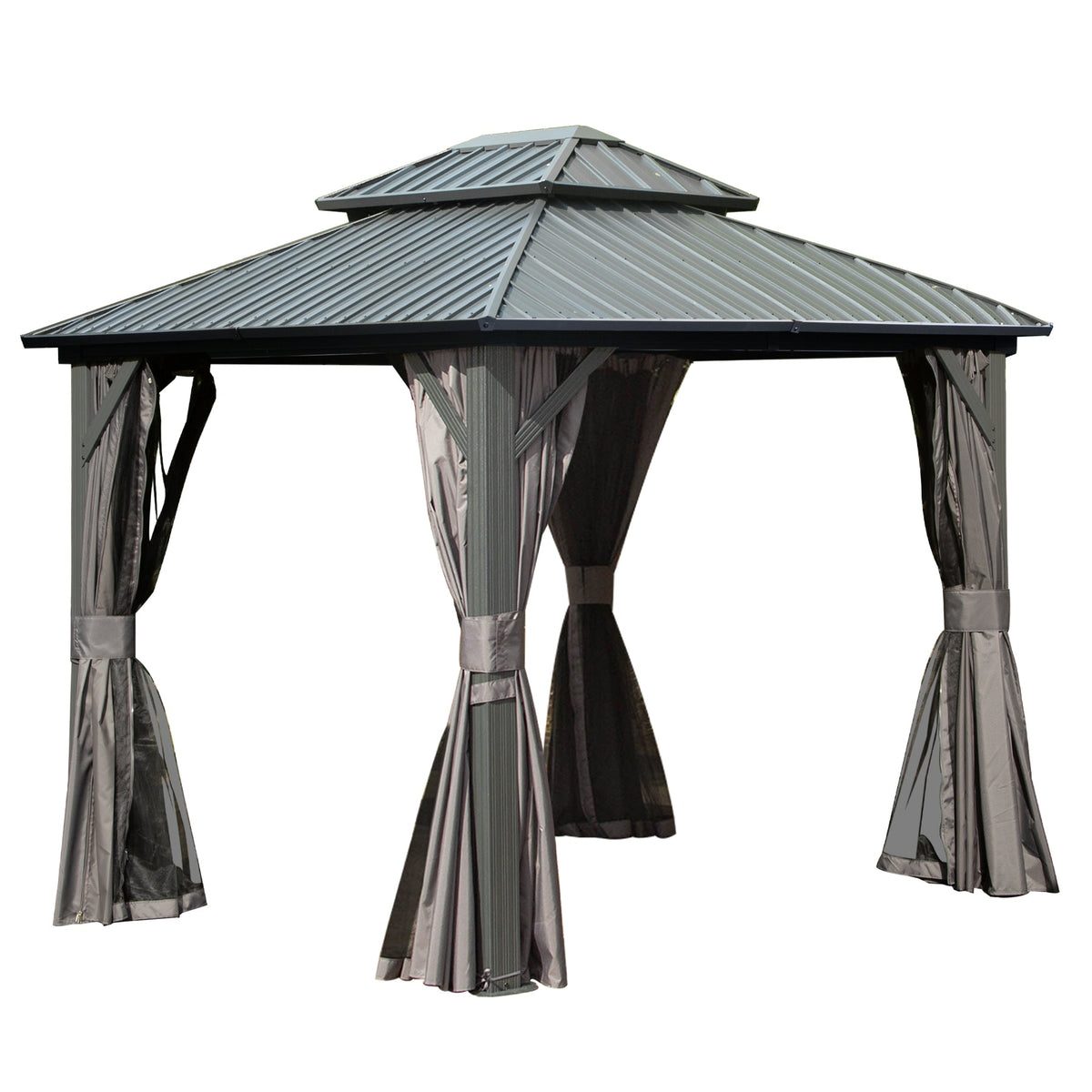 8' x 10' Hardtop Gazebo with Curtains & Netting - Metal, Double Roof