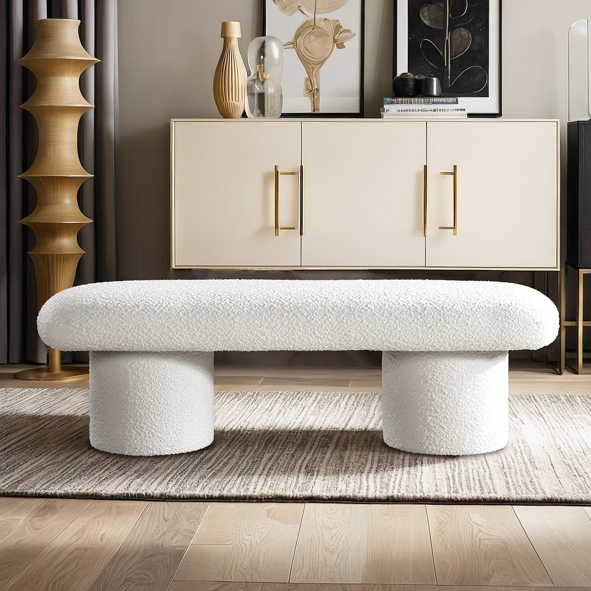 Ivory Upholstered Bench with Boucle Fabric - Randolph