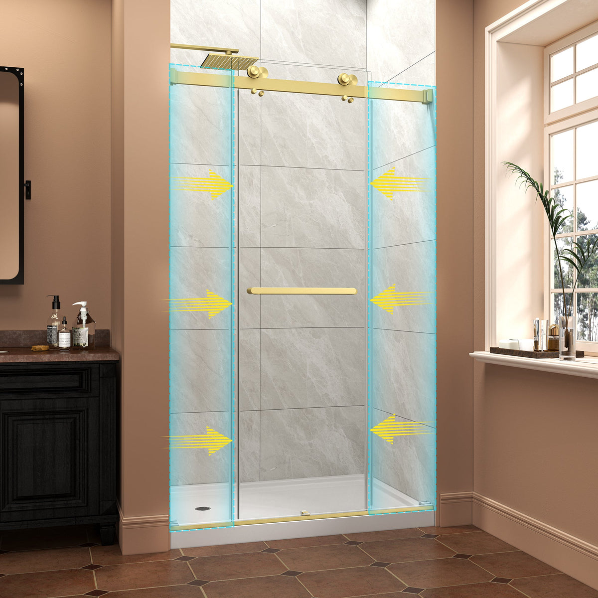 Frameless Shower Door with Tempered Glass - Brushed Gold