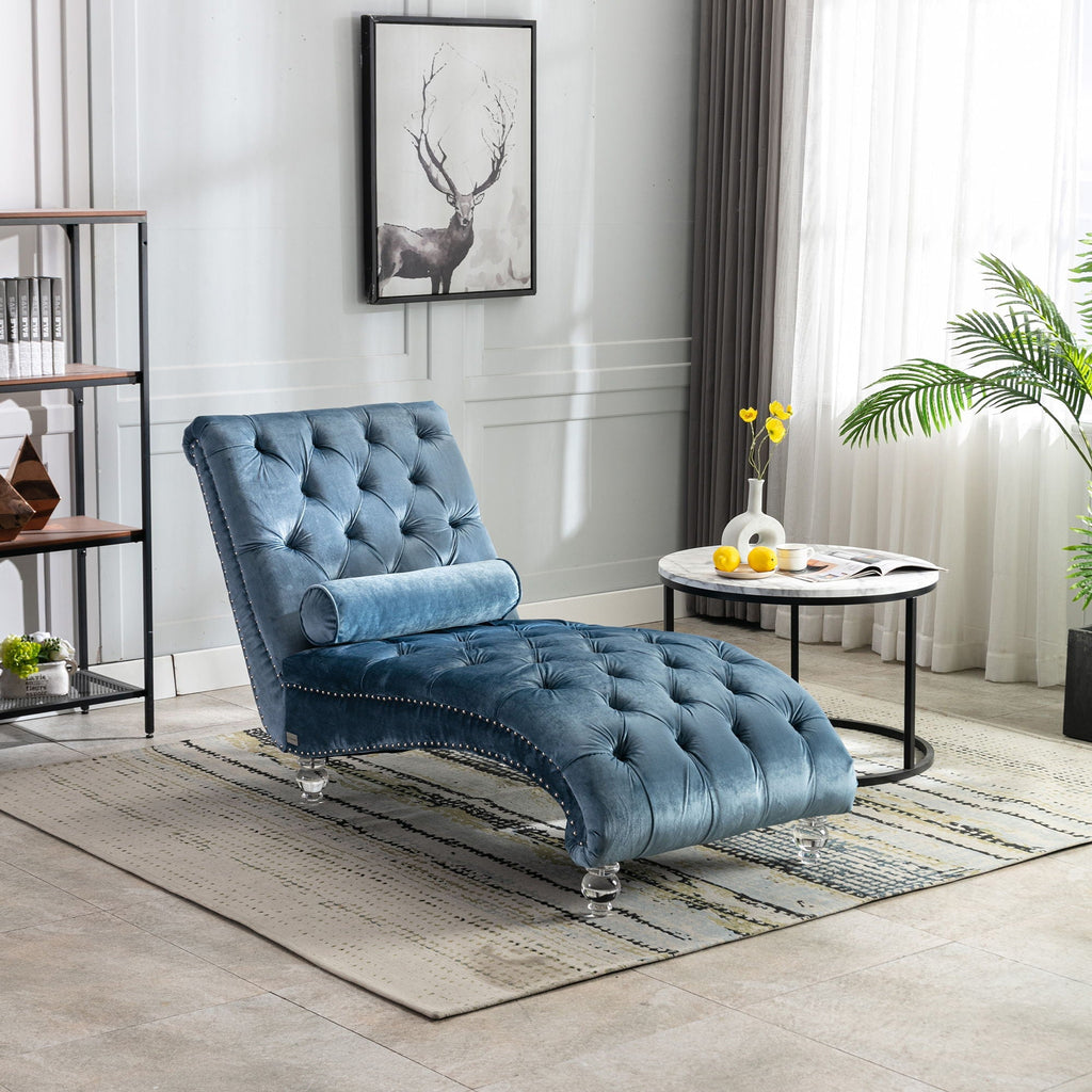 Velvet Button Tufted Chaise Lounge with Pillow - Multiple Colors