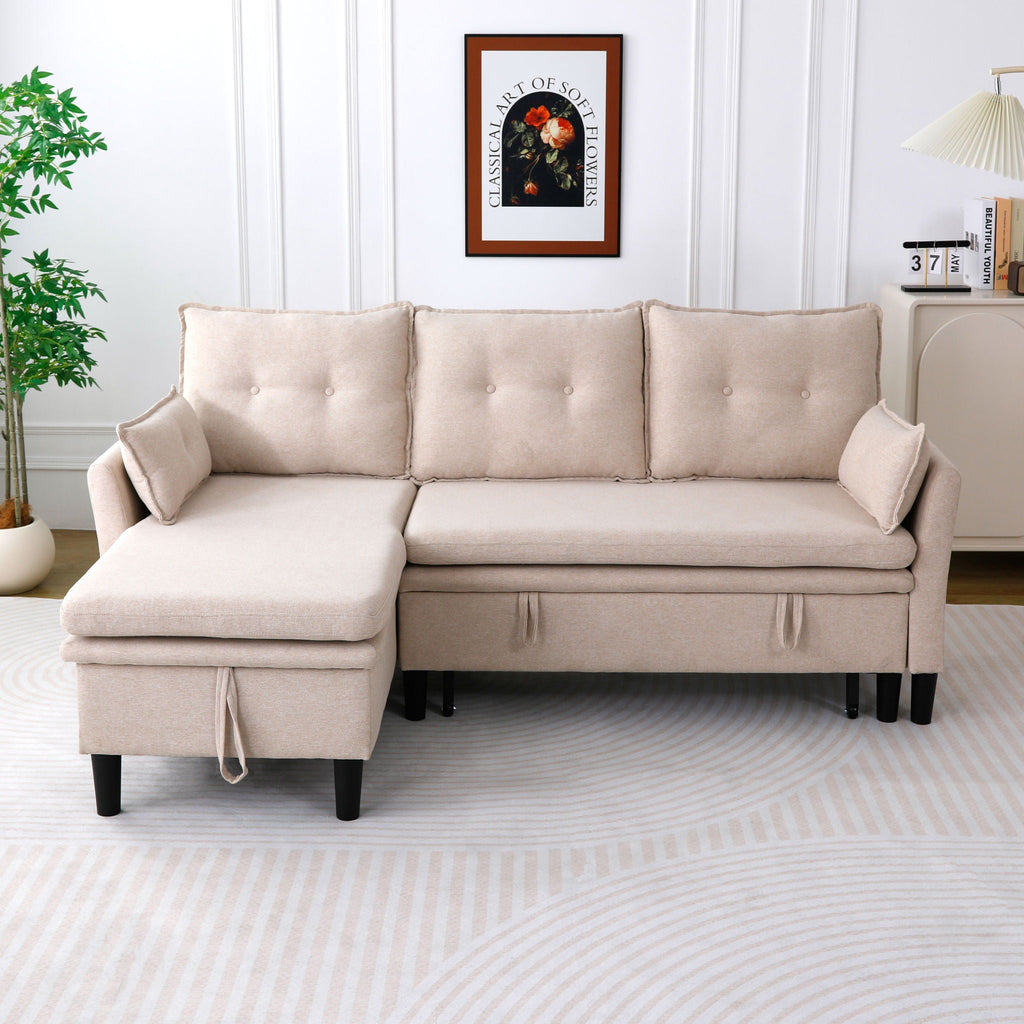 Reversible Chaise Sleeper Sectional Sofa with Storage - Cotton-Linen Upholstery