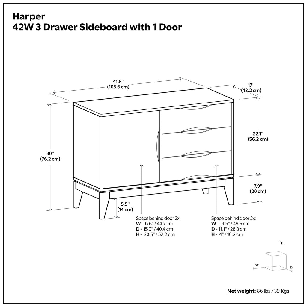 Walnut Brown 3 Drawer Sideboard with Three Storage Drawers - 41.6" Wide
