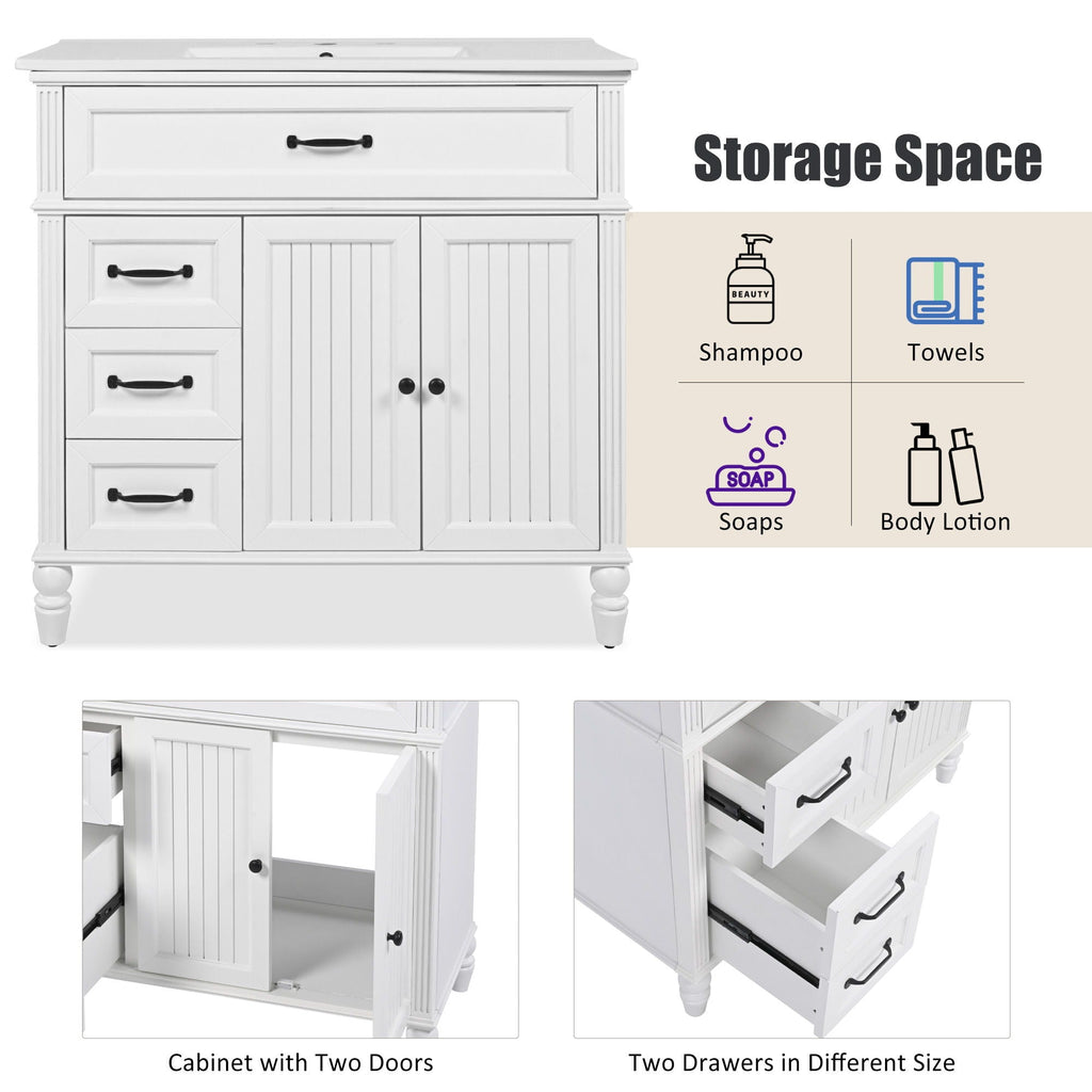 Bathroom Vanity With Sink and Drawers - Freestanding Solid Wood Cabinet