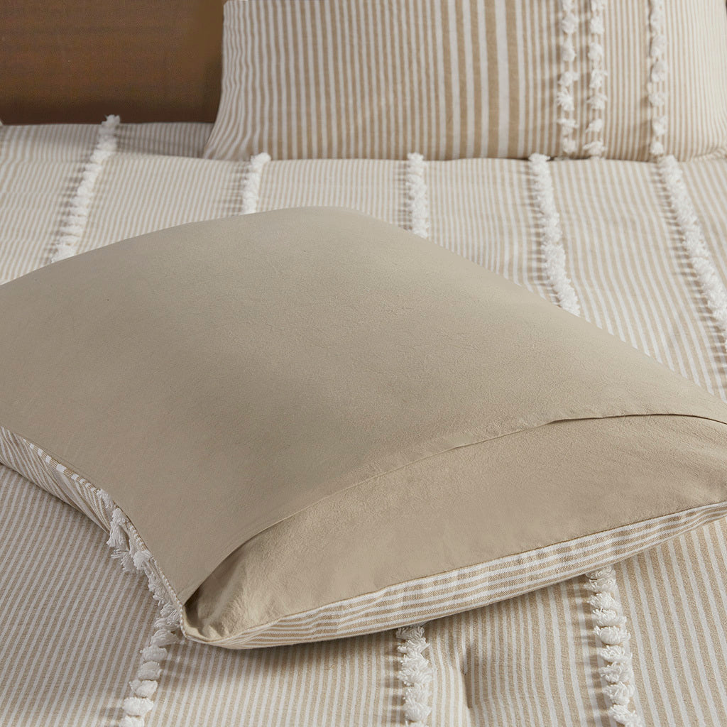 Full/Queen 3 Piece Cotton Yarn Dyed Comforter Set with Tufted Embroidery - Taupe