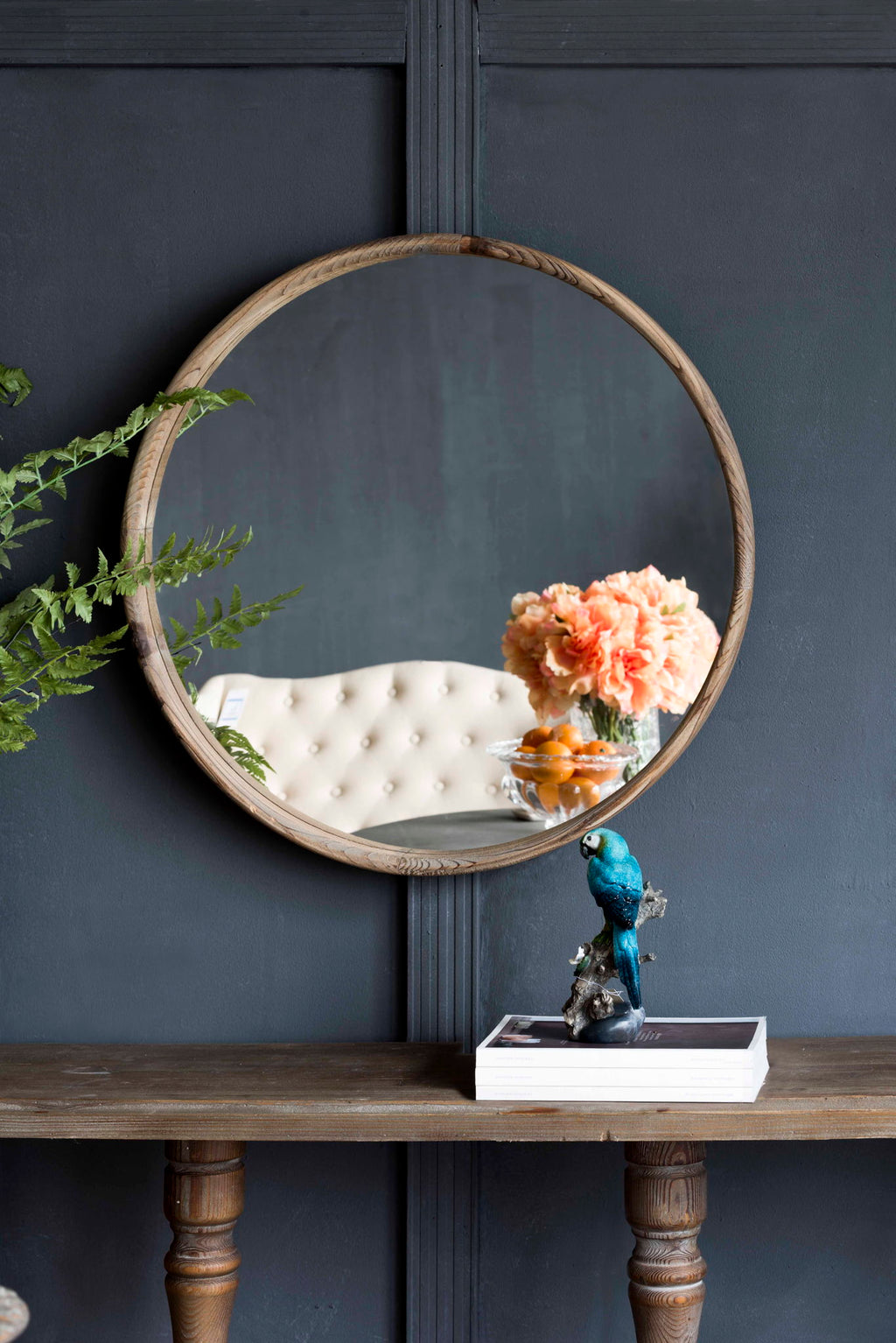 Round Wood Wall Mirror with Durable Fir Frame - Light Brown
