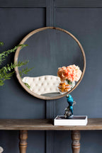 Round Wood Wall Mirror with Durable Fir Frame - Light Brown
