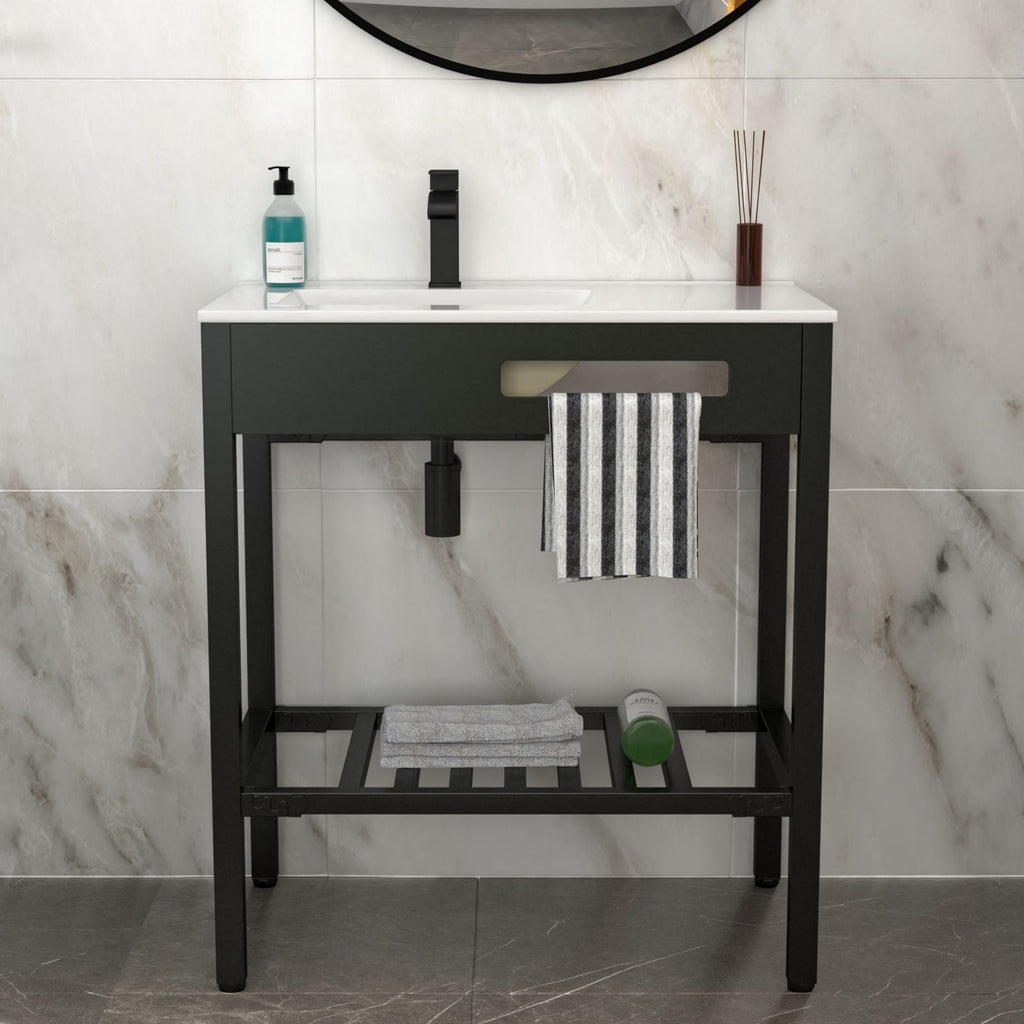 Console Sink with Durable Porcelain and Black Steel Legs - White