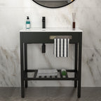 Console Sink with Durable Porcelain and Black Steel Legs - White