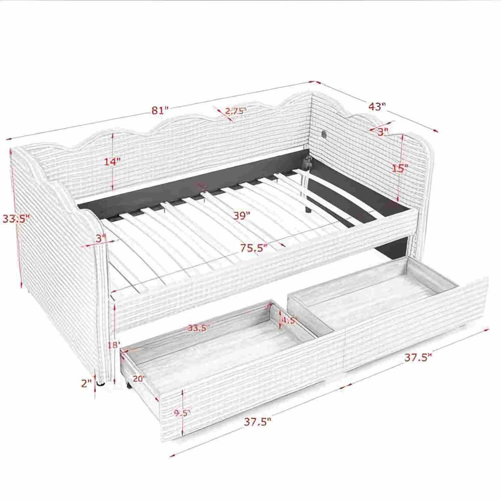 Gingham Daybed with USB Charging Port and Wave-Shaped Design - Multiple Colors