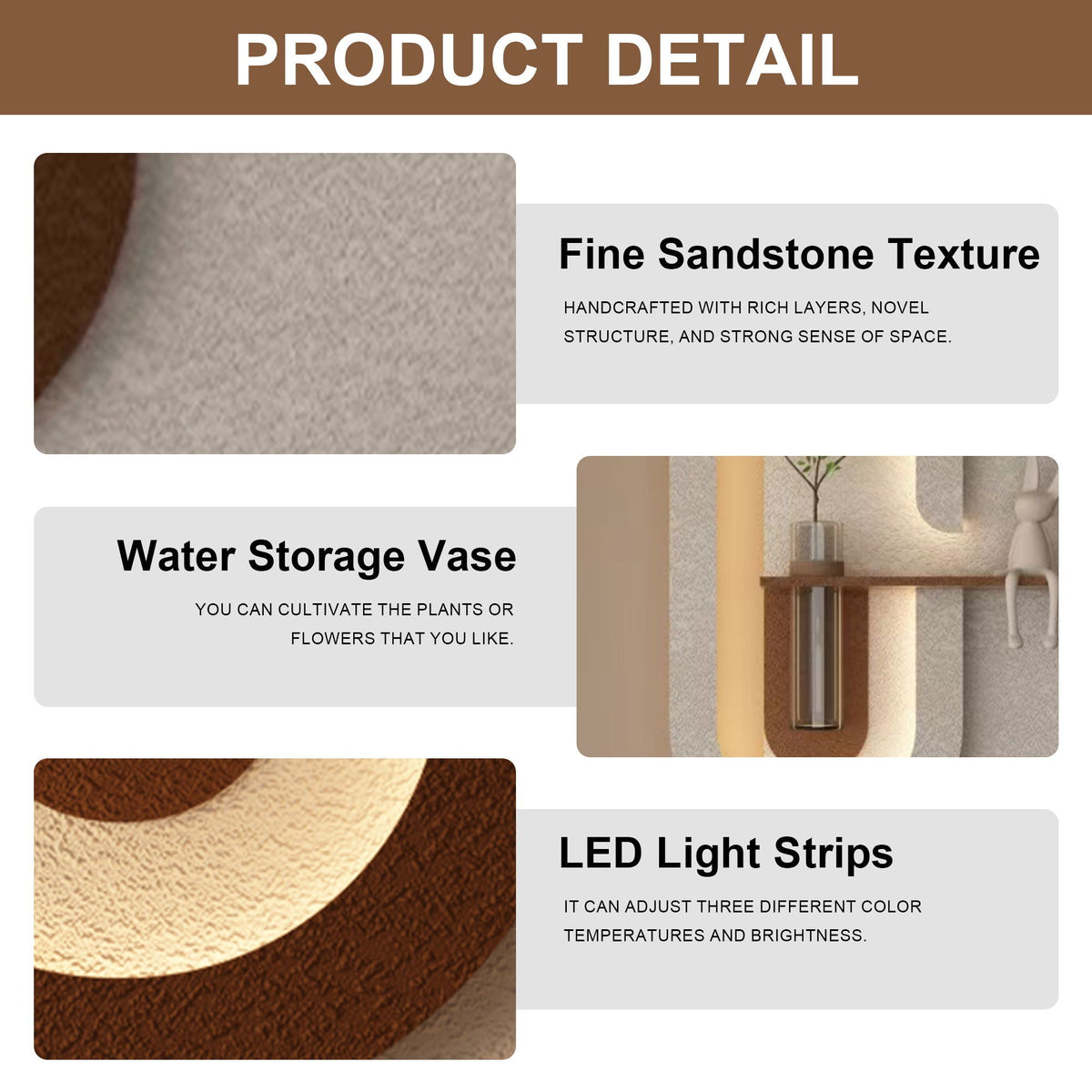 Adjustable LED Sandstone Wall Decor with 3D Art, Glass Vase & Rabbit Statue - Light Coffee