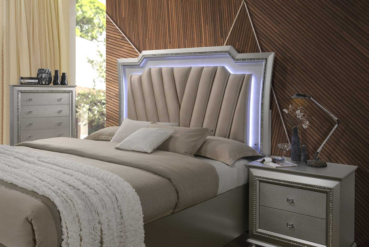 Kaitlyn Storage Bed with LED Lighting and Storage - Pearl Silver