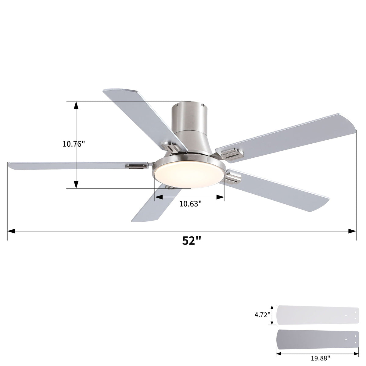 Flush Mount Ceiling Fan with LED Light and Remote Control - Black, White, Pearl Silver