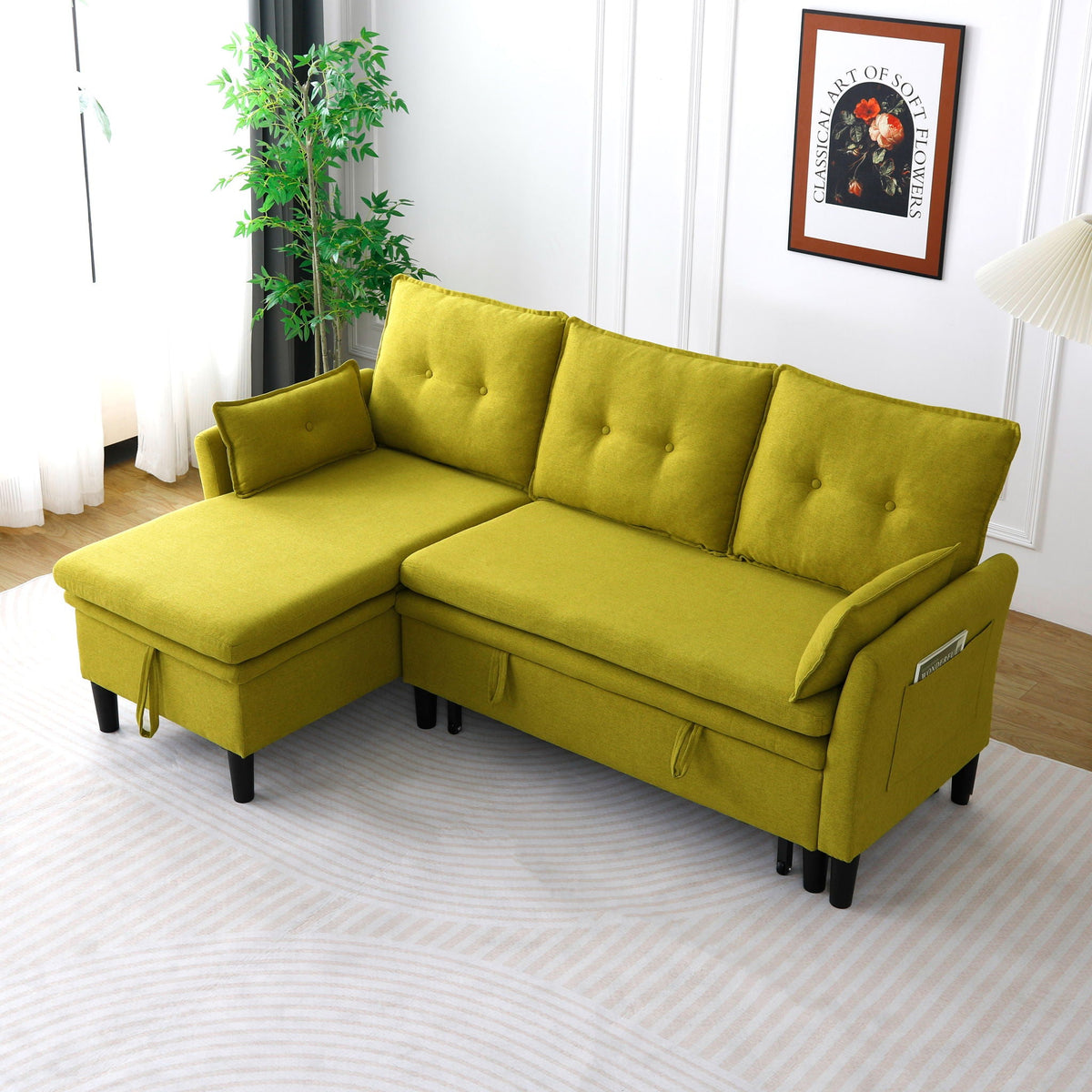 Reversible Chaise Sleeper Sectional Sofa with Storage - Cotton-Linen Upholstery