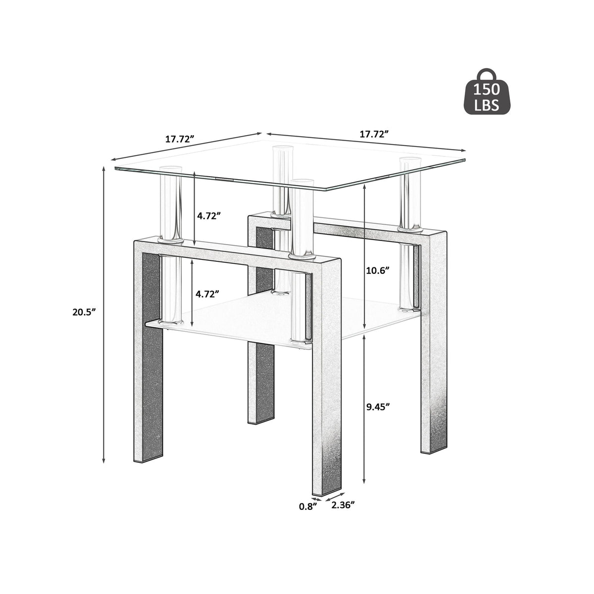 Modern Tempered Glass End Table with Metal Frame - Black or White