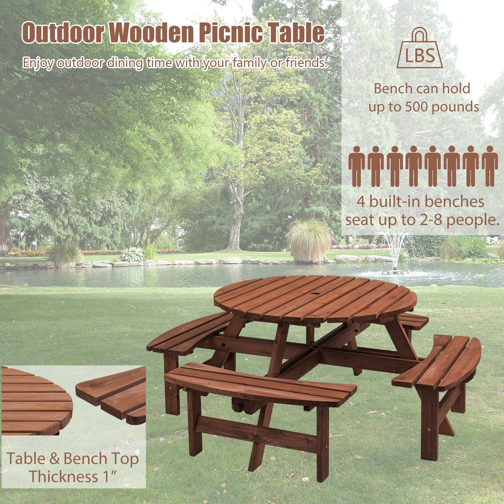 8 Person Wooden Picnic Table with Umbrella Hole - Brown