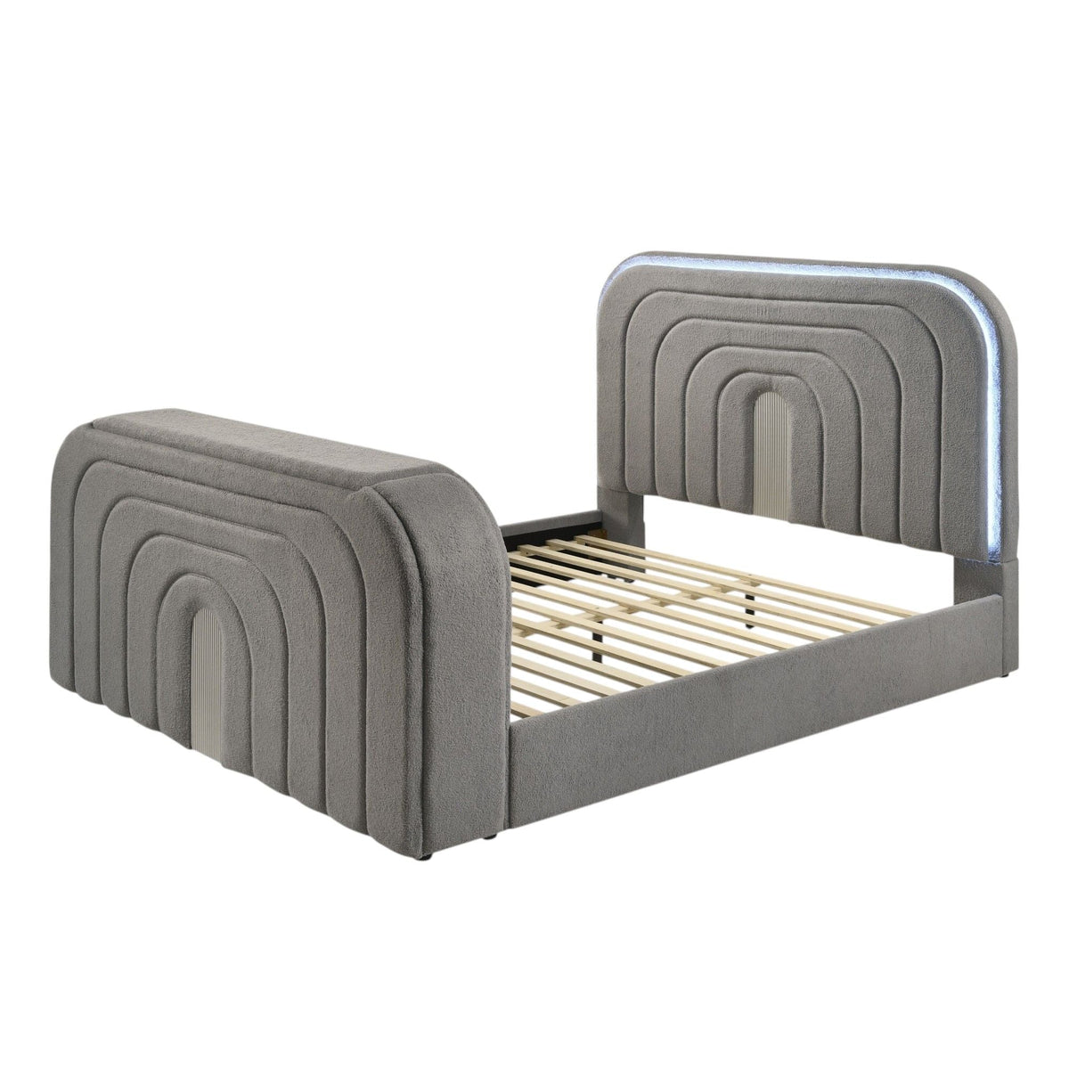 Upholstered Bed with LED, TV Stand & Bluetooth Fireplace - Dark Gray