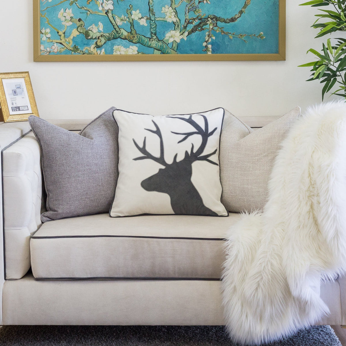 Holiday Reindeer Velvet Accent Pillow with Insert - White and Gray