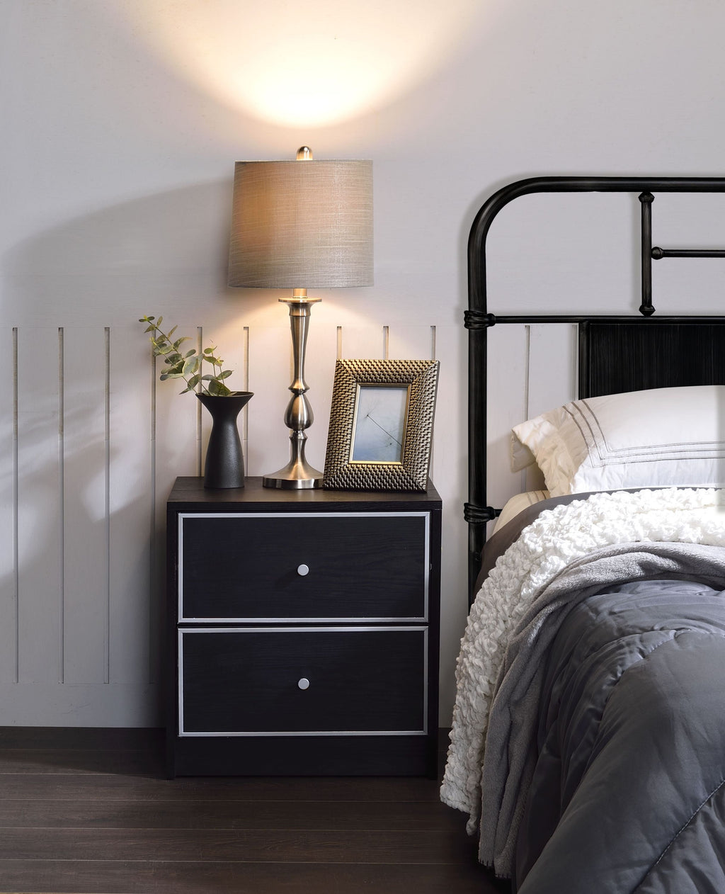 Modern Black Nightstand Table with Two Drawers - Black