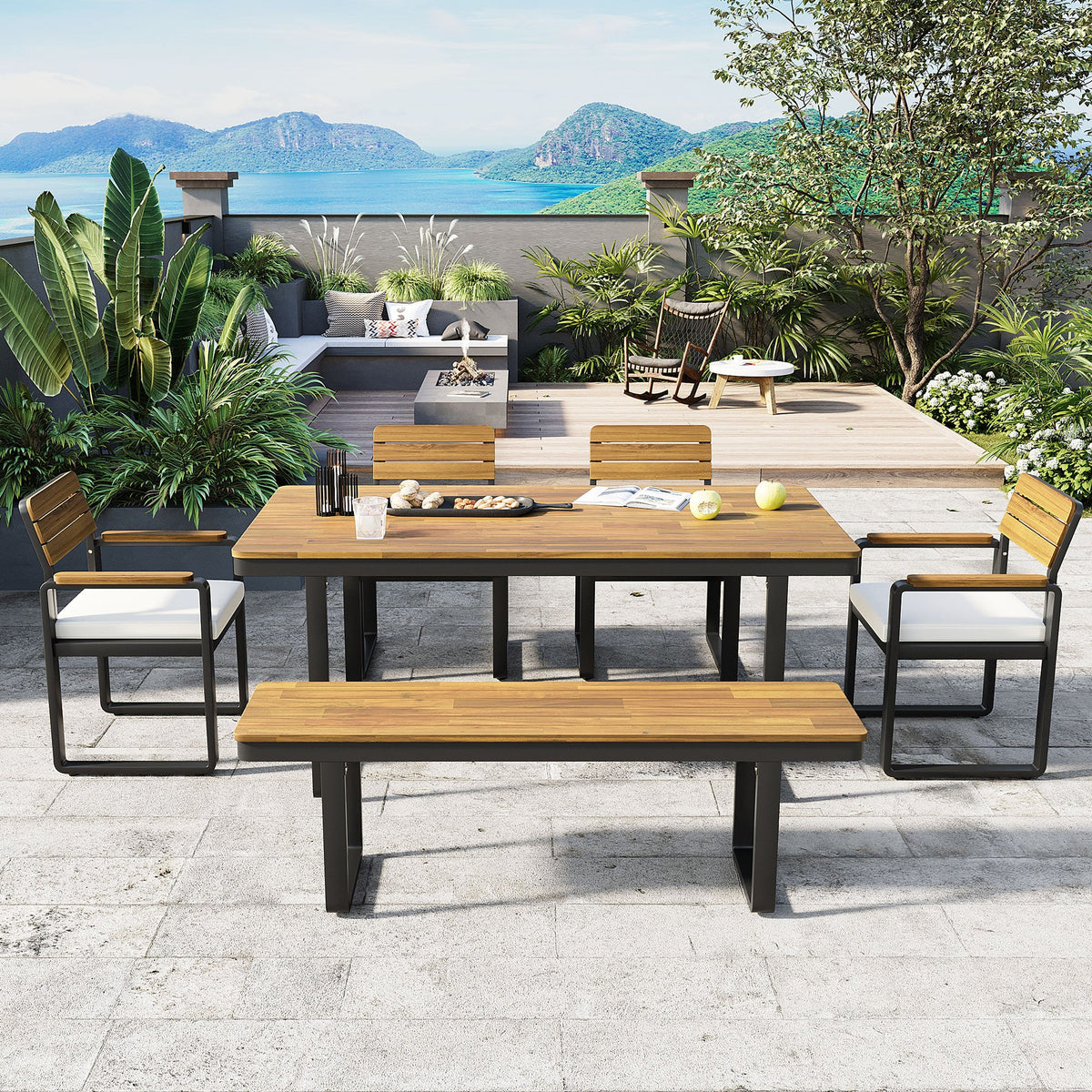 6-Piece Outdoor Dining Set with Acacia Wood - Beige or Gray