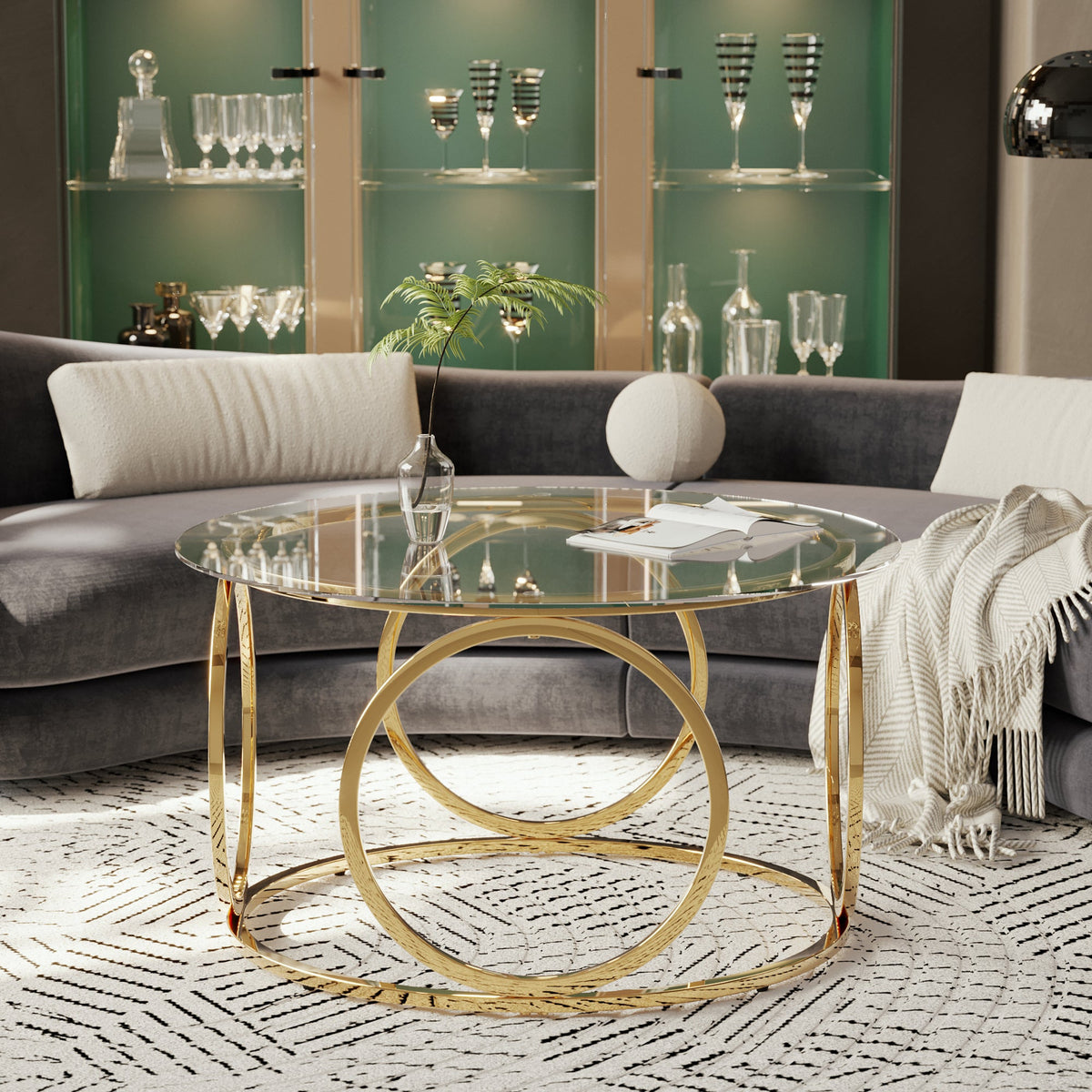 Modern Round Glass Top Coffee Table with Metal Frame - Gold