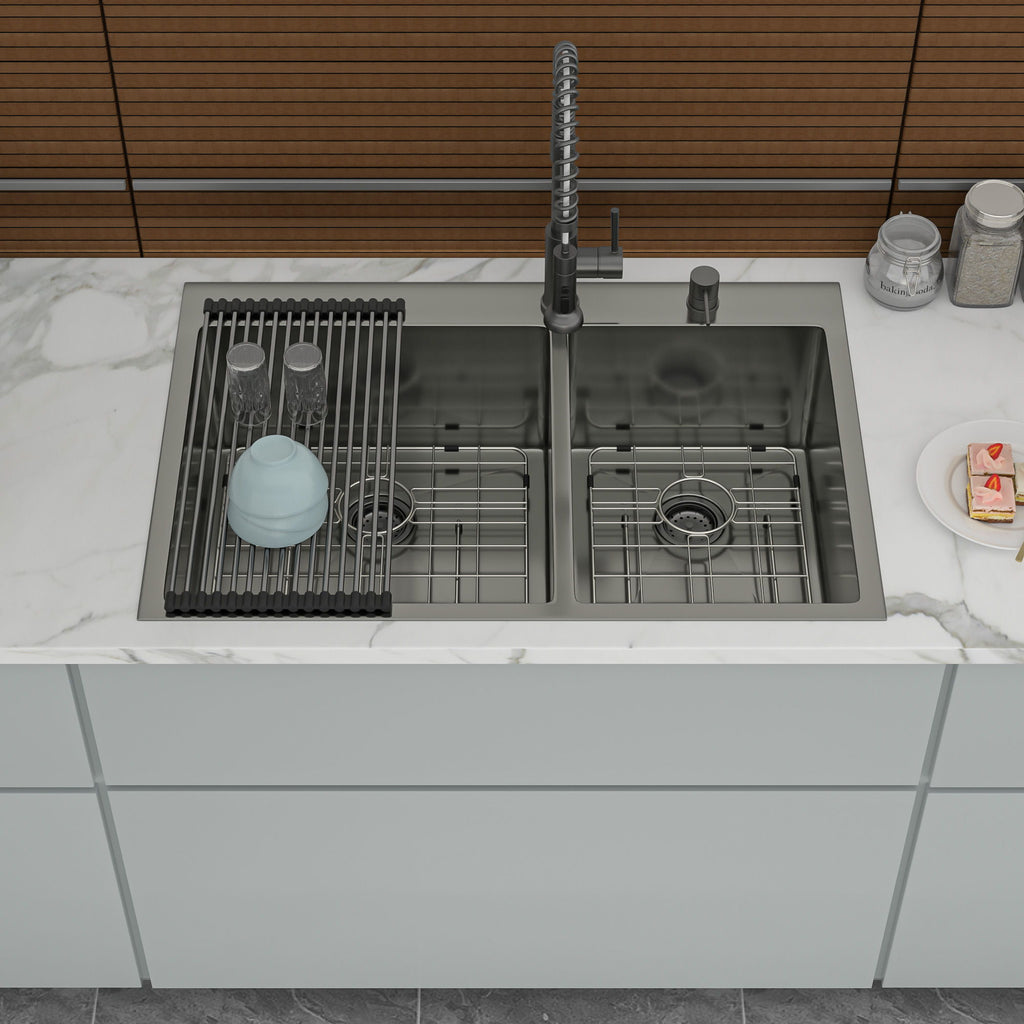 Double Bowl Kitchen Sink 16 Gauge with 2 10" Deep Basins - Gunmetal Black
