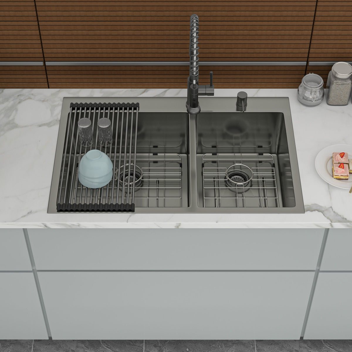 Double Bowl Kitchen Sink 16 Gauge with 2 10" Deep Basins - Gunmetal Black