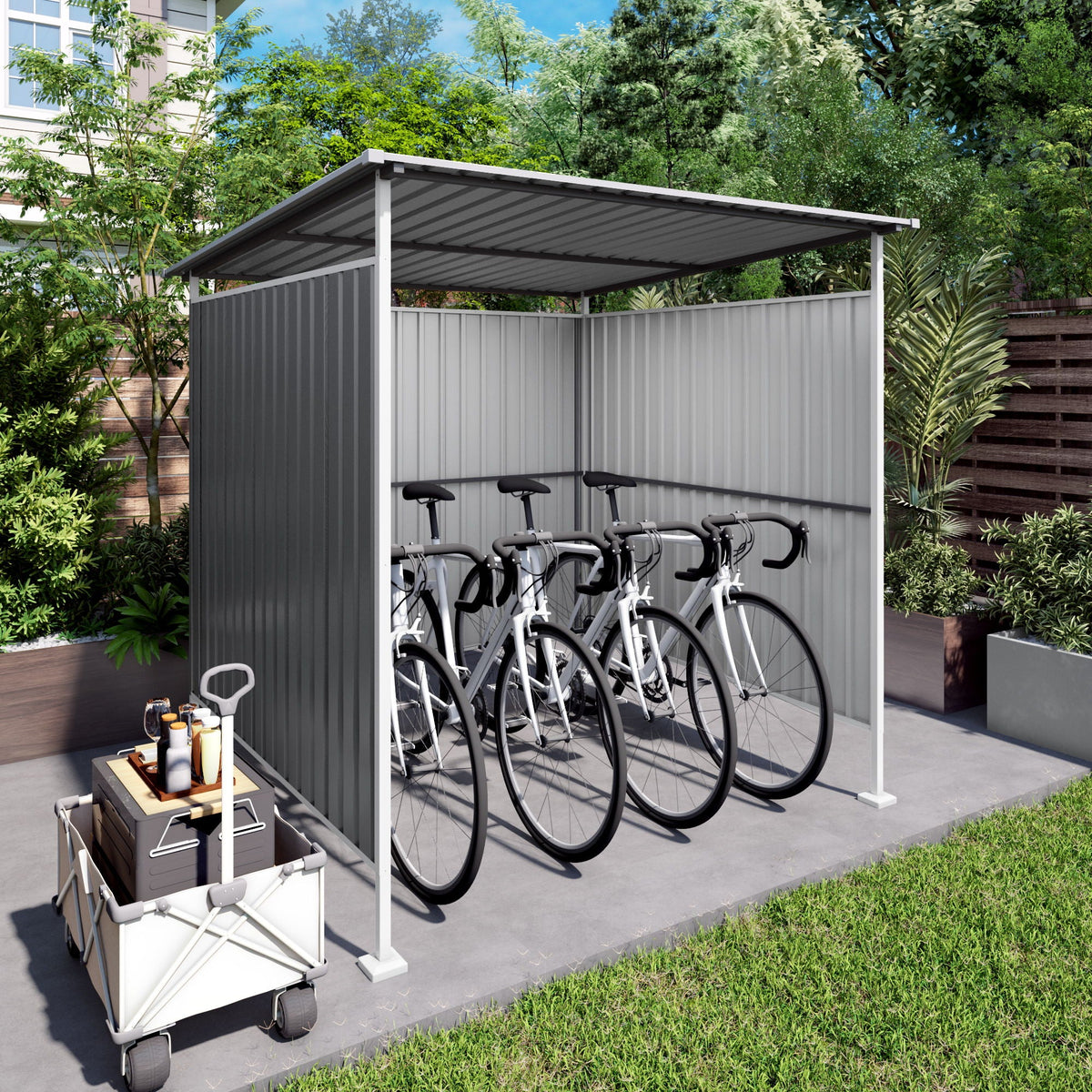 Outdoor Pergola Bike Storage Shed with Galvanized Steel Roof - Gray