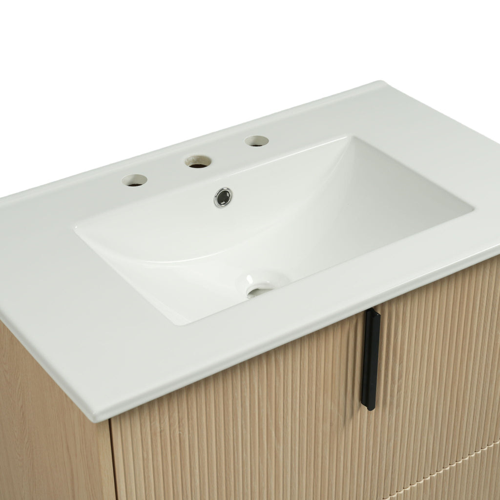 Bathroom Vanity With Ceramic Sink and Fluted Design - Dark Green, White, Light Brown