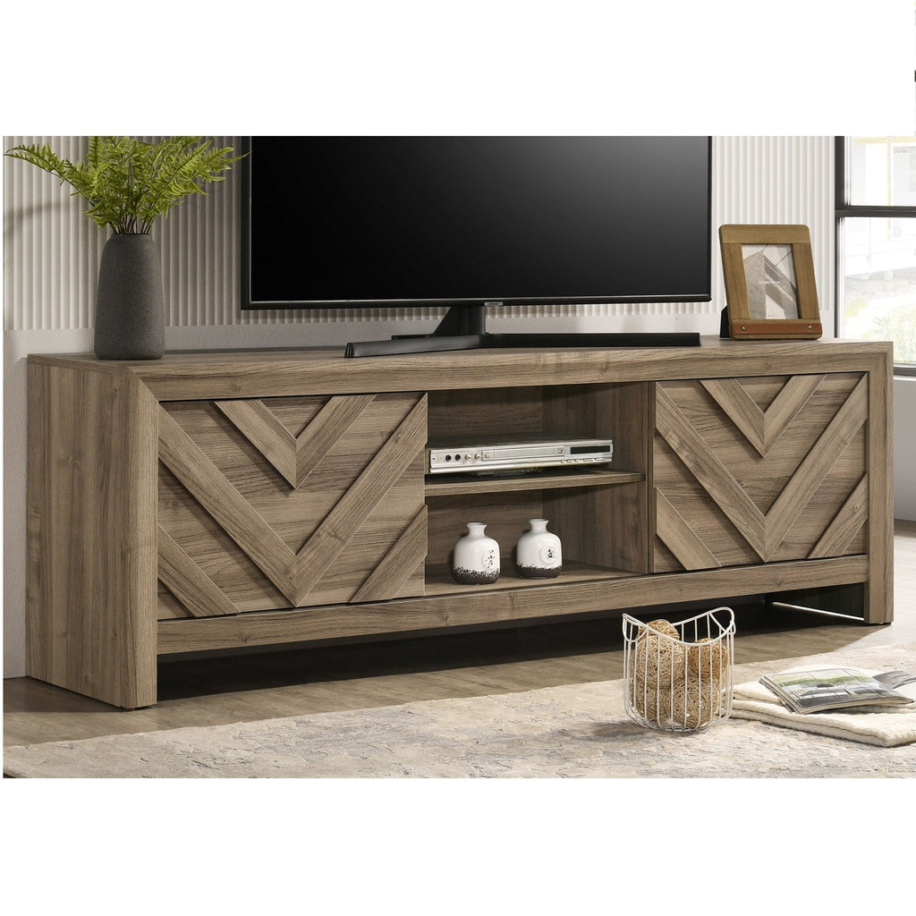 Chevron Patterned Living Room TV Stand with Sliding Doors - Light Brown