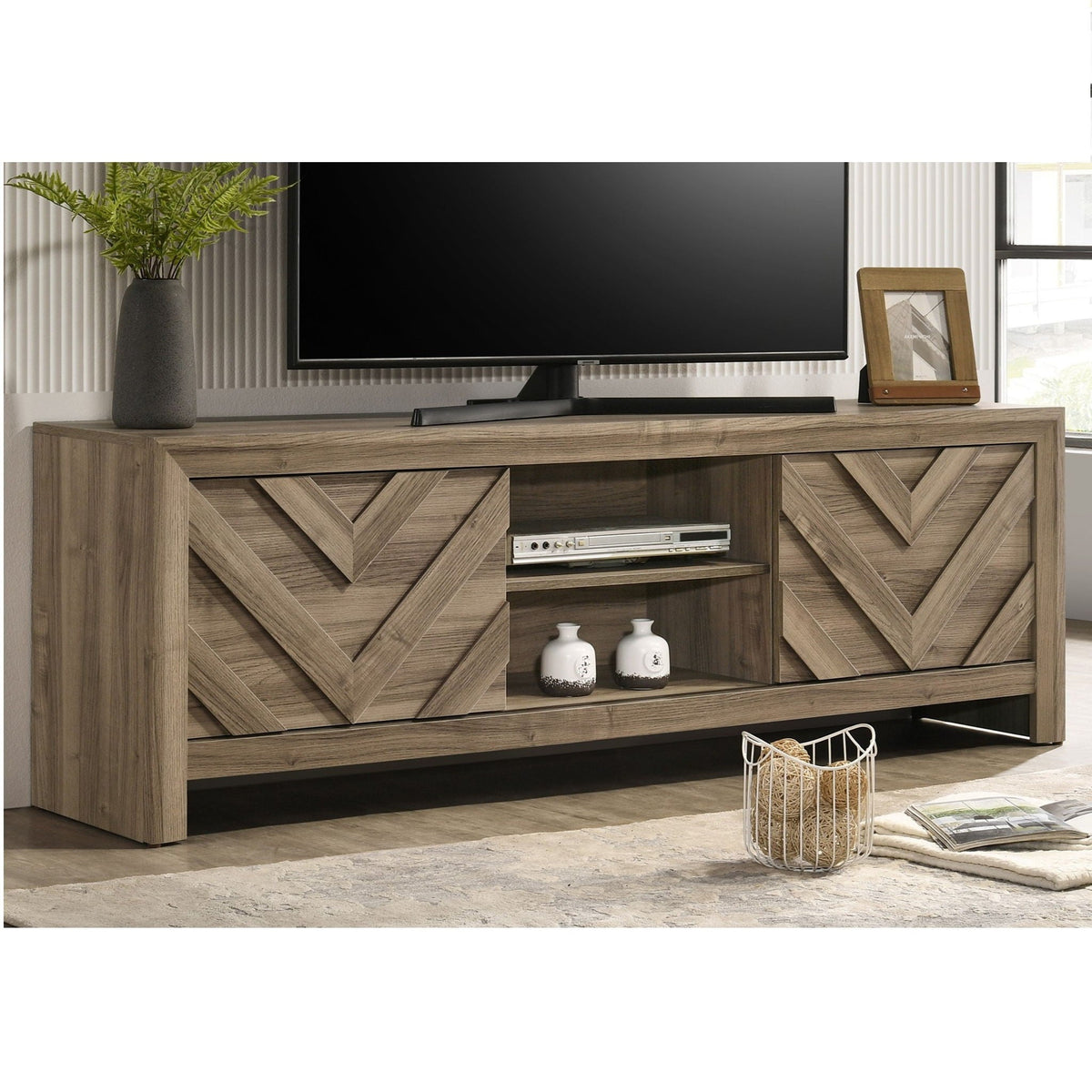 Chevron Patterned Living Room TV Stand with Sliding Doors - Light Brown
