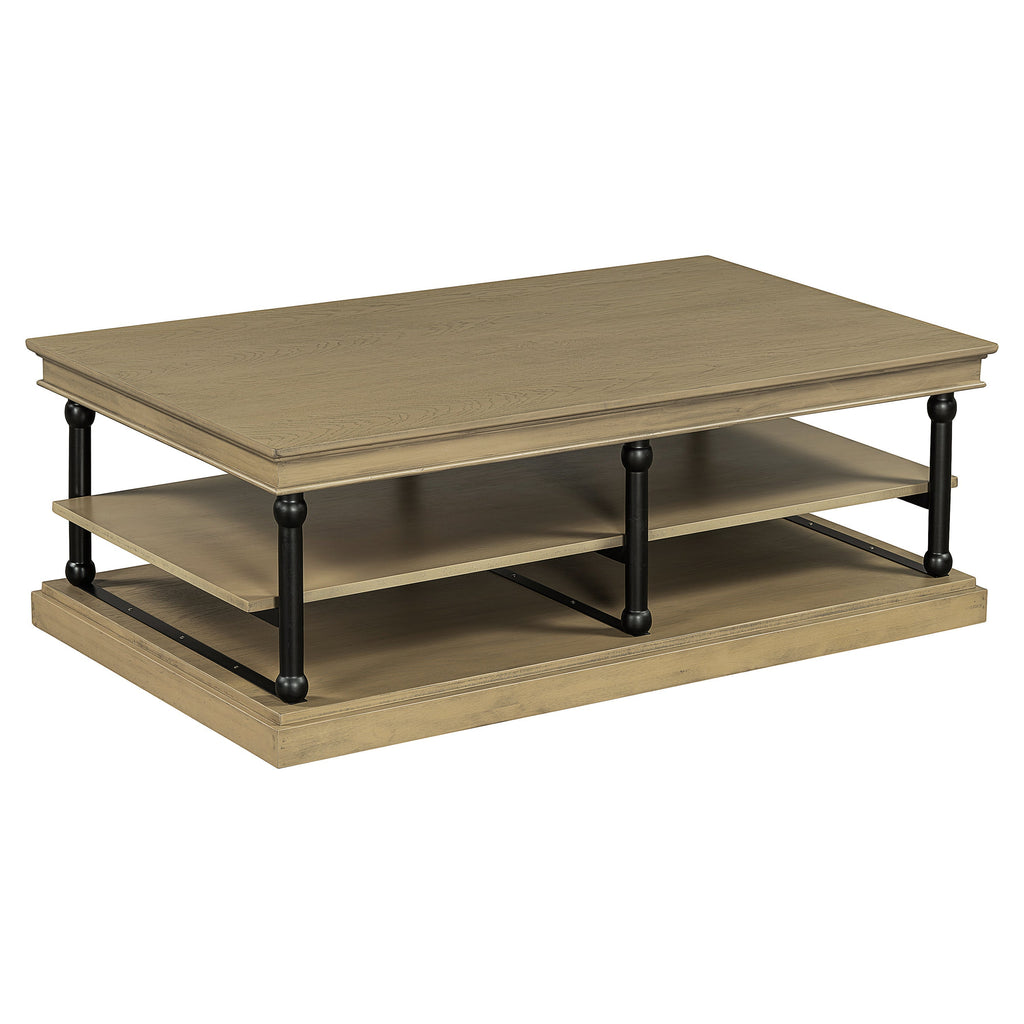 Wood Coffee Table with Black Legs and Open Storage Shelves - Brown
