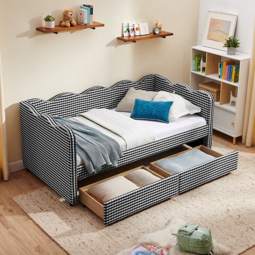 Gingham Daybed with USB Charging Port and Wave-Shaped Design - Multiple Colors