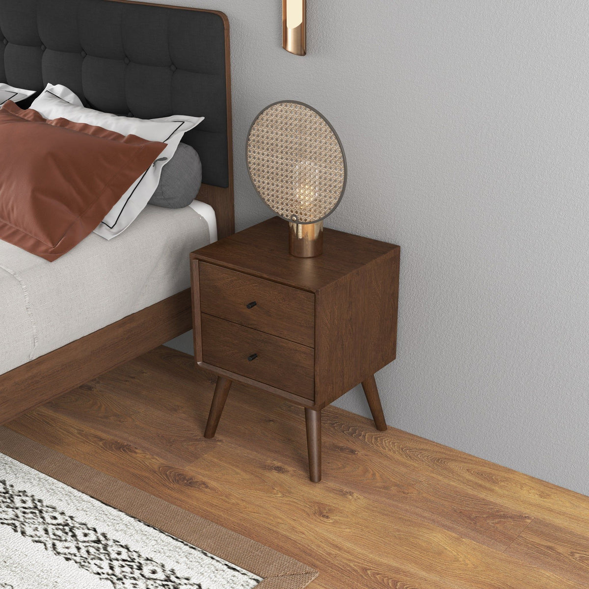 Mid-Century Modern Night Stand with 2 Drawers - Dark Brown or White