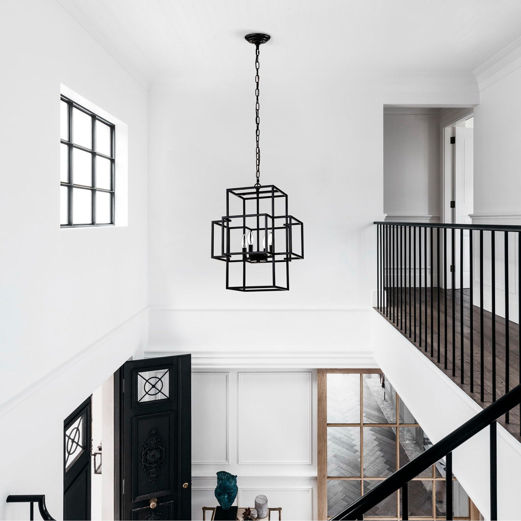4 Light Metal Lantern Pendant Light with Adjustable Height - Black or Gold