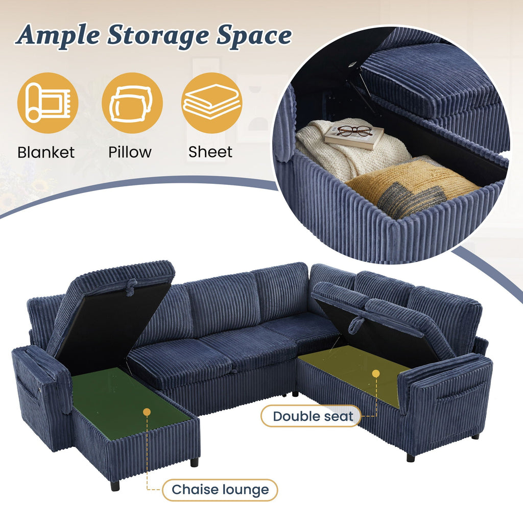 Convertible U-Shaped Sectional Sofa Bed with USB Ports and Storage – Black, Dark Gray, Blue