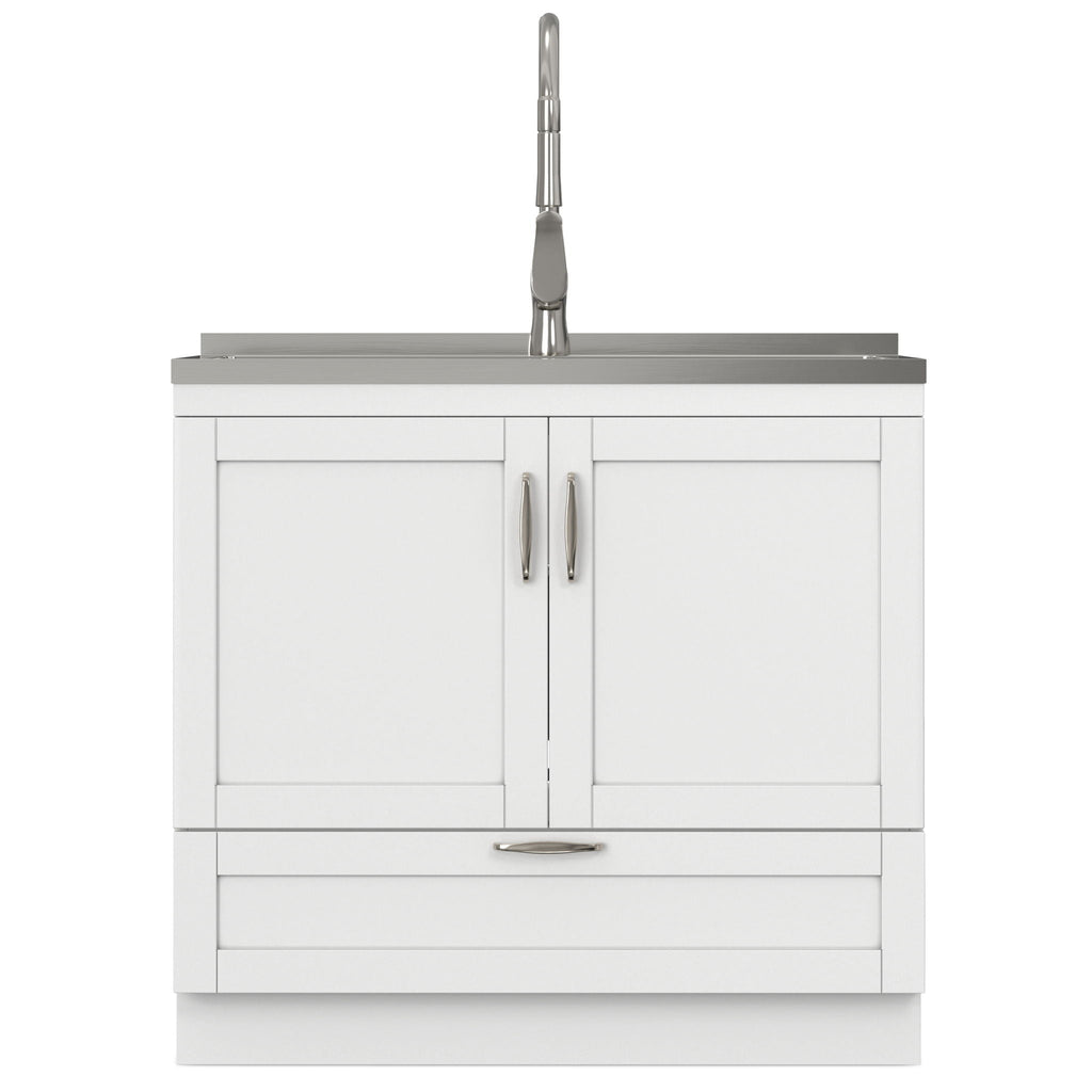 Deluxe Laundry Cabinet with Pull-Out Faucet and Stainless Steel Sink - White
