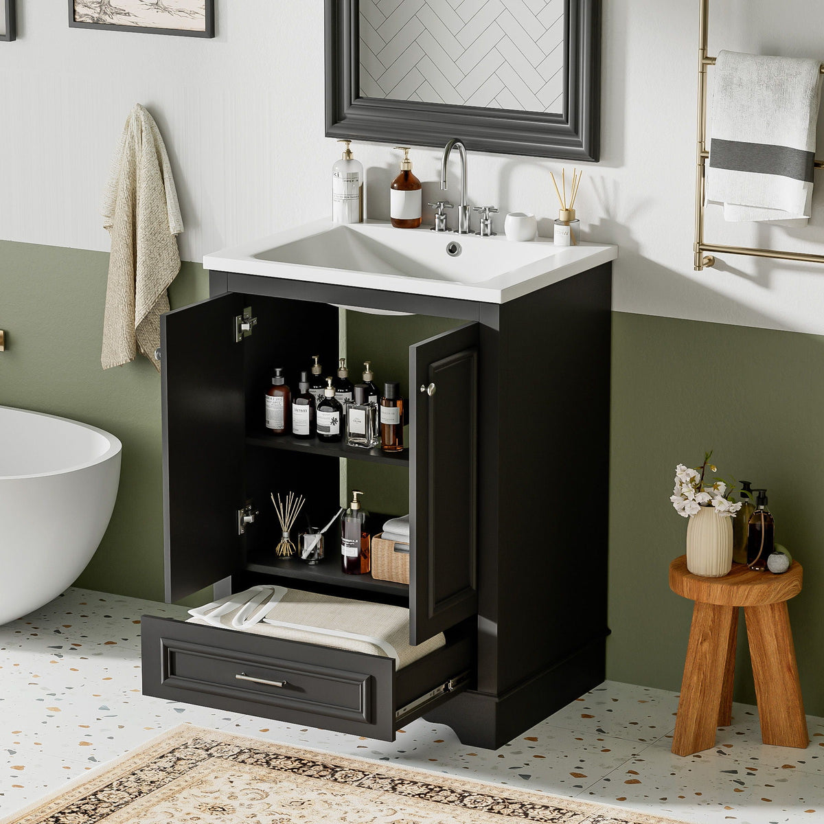 Modern Bathroom Vanity with Ceramic Sink Combo and Storage Cabinet - Multiple Colors