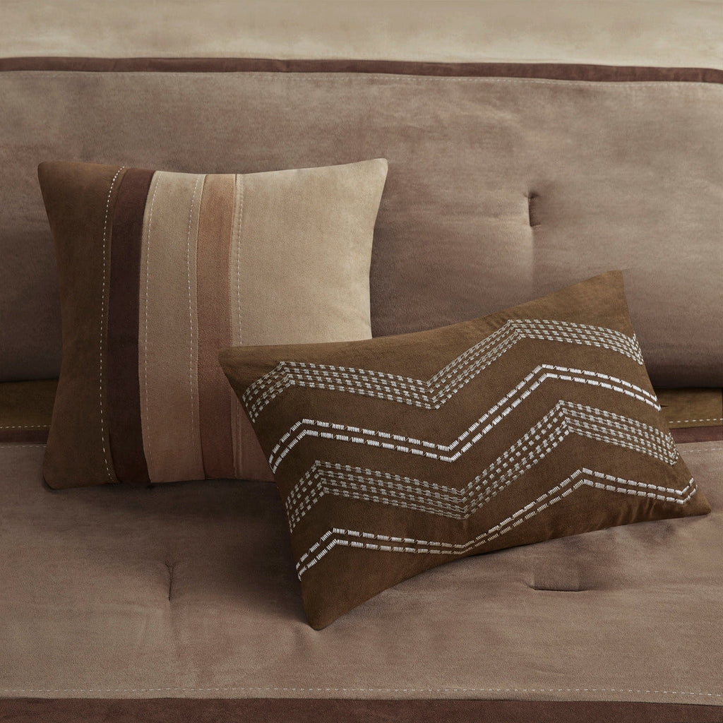 7 Piece Faux Suede Comforter Set with Decorative Pillows - Brown