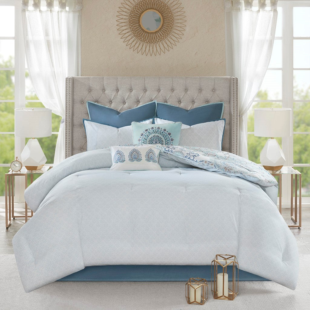 8 Piece Cotton Floral Reversible Comforter Set with Decorative Pillows - Blue