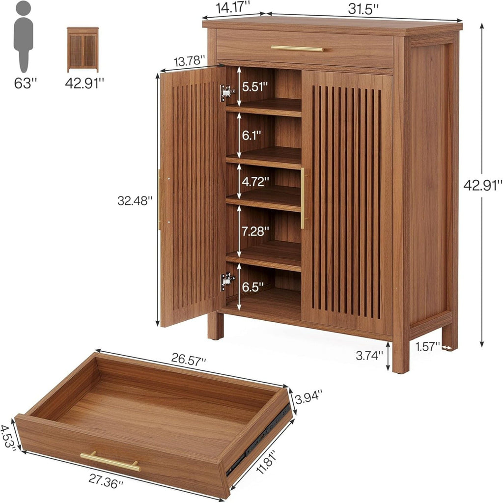 5 Tier Shoe Cabinet with Louvered Doors and Drawer - Brown