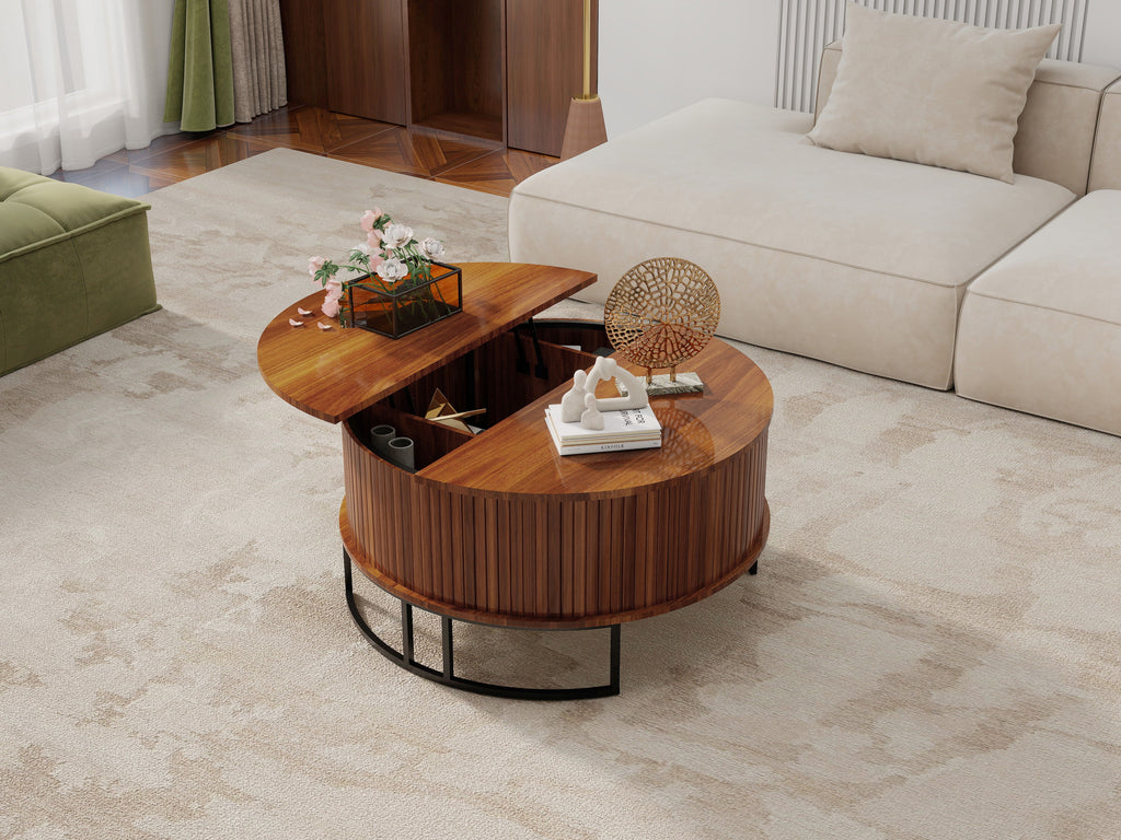31.5" Round Coffee Table with Fluted Lift-Top Storage - Walnut