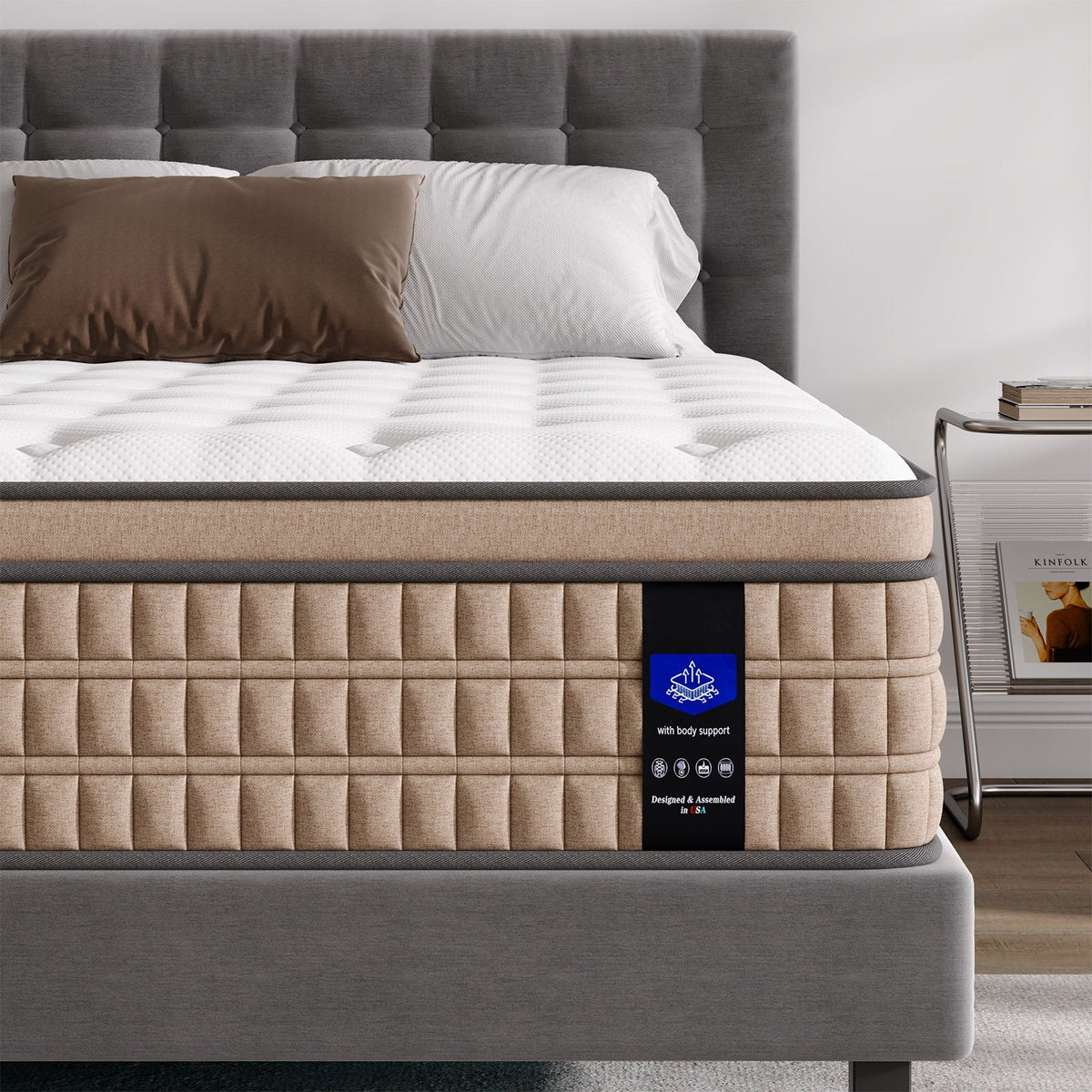 14" King Hybrid Mattress with Gel Memory Foam & Pocket Springs - Brown & White