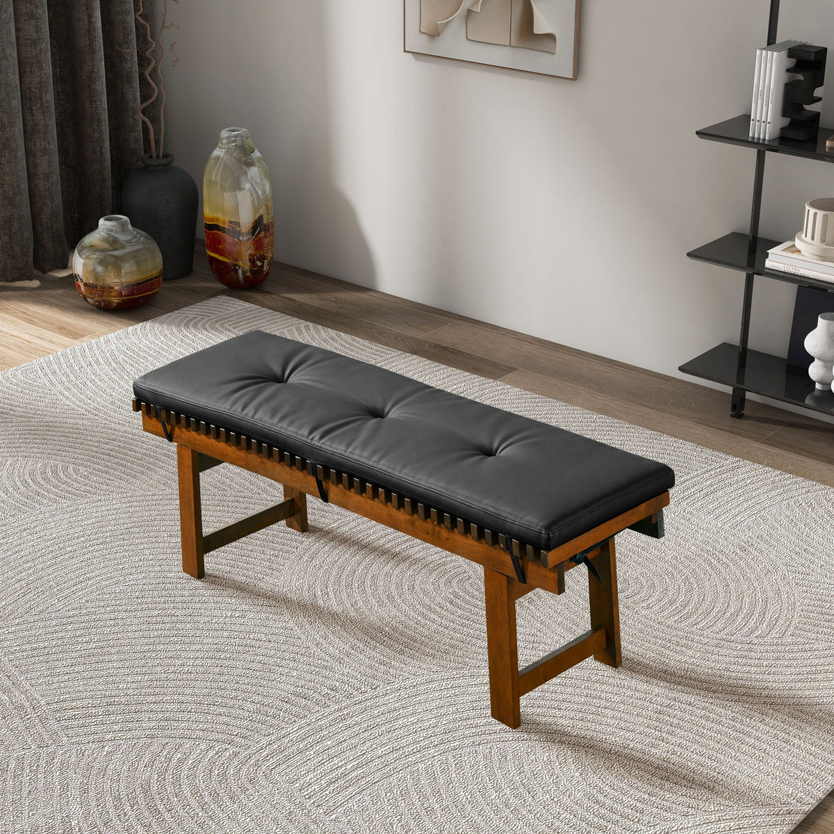 Black Upholstered Bench with Solid Wood Frame - Lucia