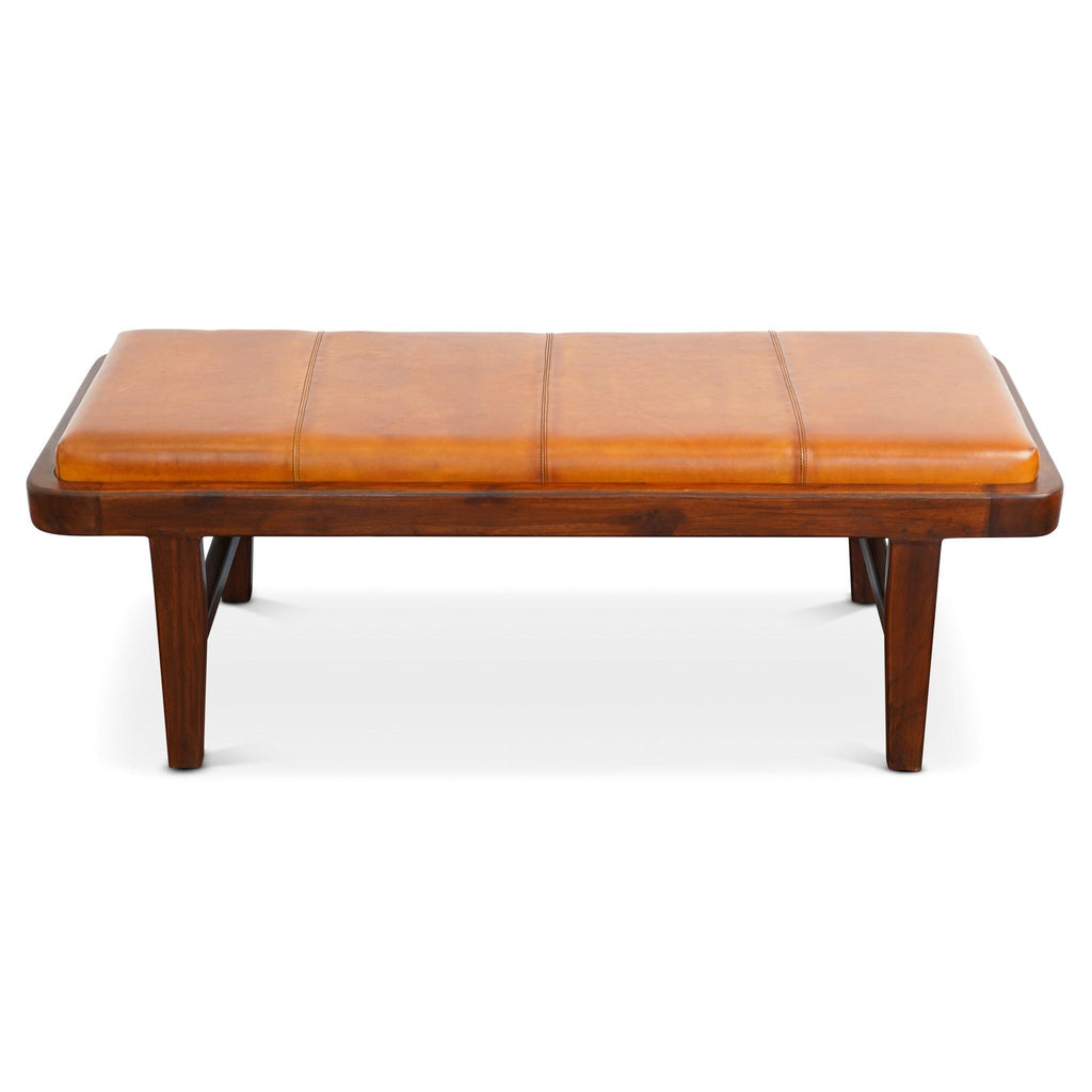 Rustic Upholstered Bench with Genuine Leather Cushion - Tan