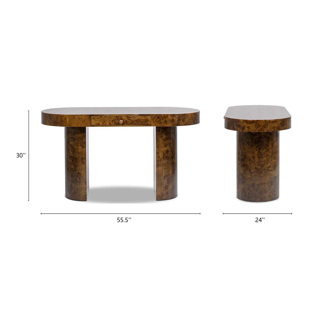 Oval Computer Desk with Single Drawer - Burl Wood Veneer, Light or Dark Brown