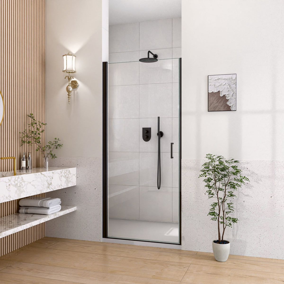 Semi-Frameless Circular Pivot Shower Door with Magnetic Soft-Close - Matte Black