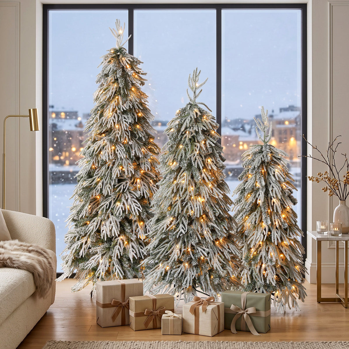 Snowy Cascading Christmas Trees 3-Piece Set with Flocked Hinged Branches - White