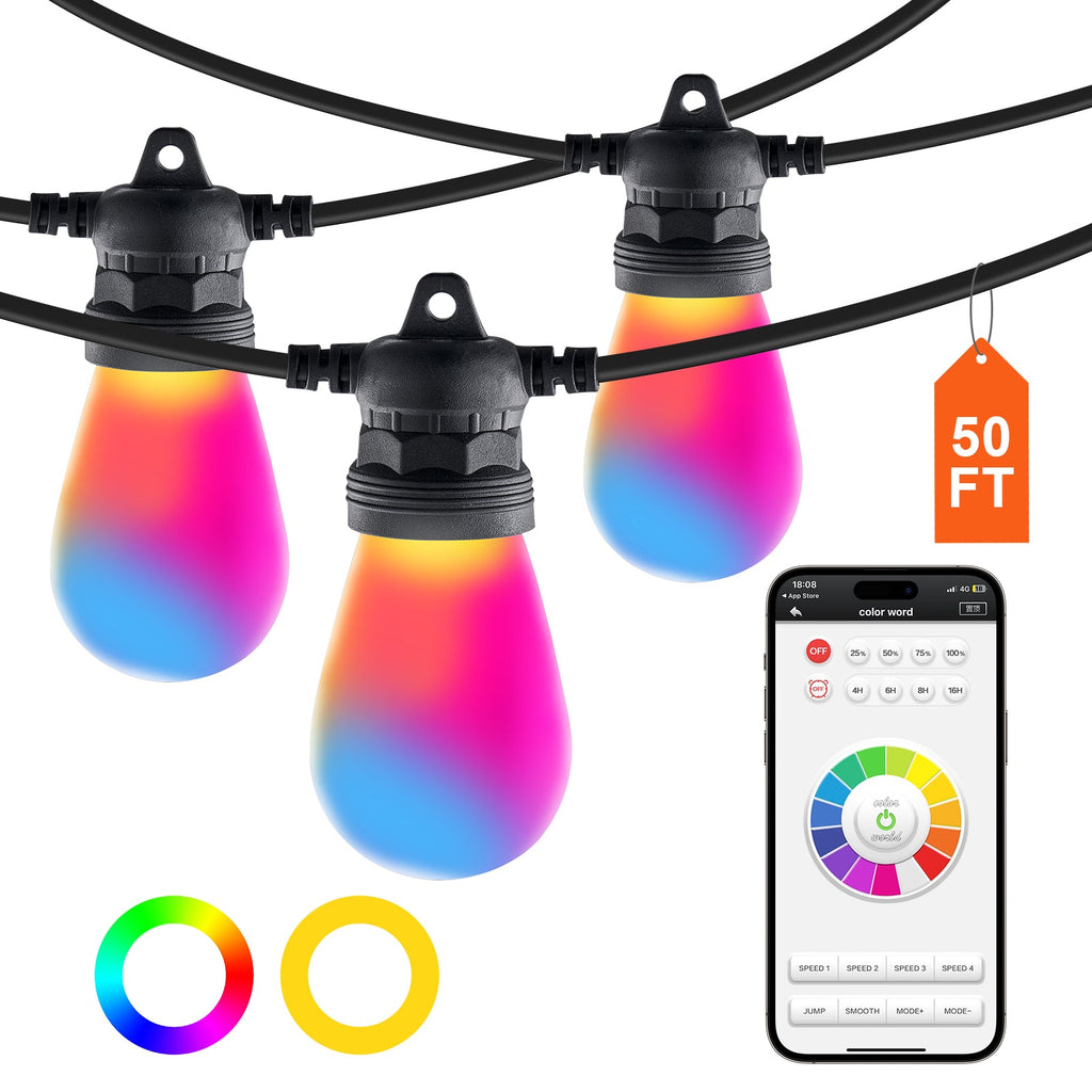 RGB Outdoor String Lights with App Control, 50FT - Multi-Color